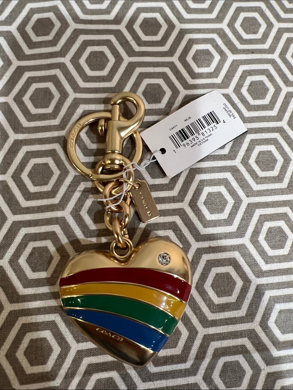 Coach Gold-Tone Heart Charm Keyring with Red, Yellow, Green & Blue Stripes